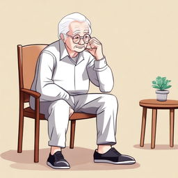 An elderly person with white hair, sitting on a chair due to difficulty in moving