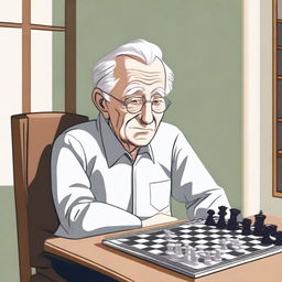 An elderly person with white hair, sitting on a chair due to difficulty in moving, looking eager to go outside and play chess