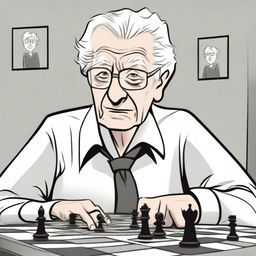 An elderly person with white hair, sitting on a chair due to difficulty in moving, looking eager to go outside and play chess