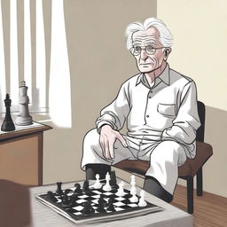 An elderly person with white hair, sitting on a chair due to difficulty in moving, looking eager to go outside and play chess