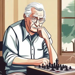 An elderly person with white hair, sitting on a chair due to difficulty in moving, looking eager to go outside and play chess