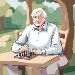 An elderly person with white hair, sitting on a chair due to difficulty in moving, looking eager to go to the park and play chess