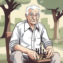 An elderly person with white hair, sitting on a chair due to difficulty in moving, looking eager to go to the park and play chess