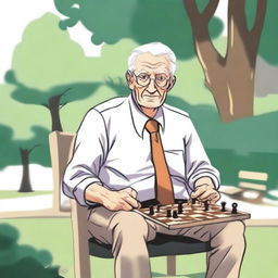 An elderly person with white hair, sitting on a chair due to difficulty in moving, looking eager to go to the park and play chess