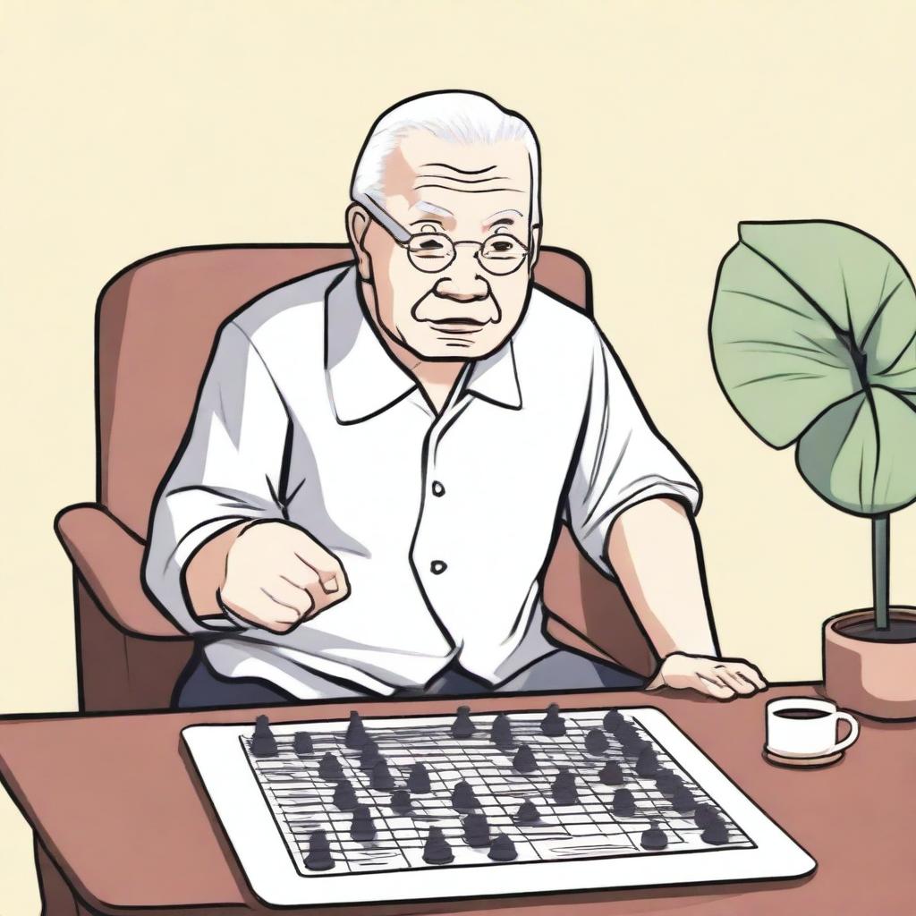 An elderly person with white hair, sitting on a chair due to difficulty in moving, looking eager to go to the park and play Xiangqi (Chinese chess)