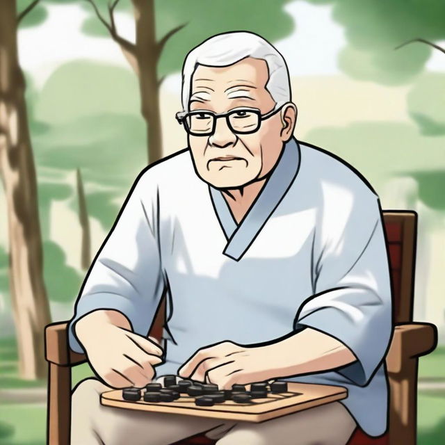 An elderly person with white hair, sitting on a chair due to difficulty in moving, looking eager to go to the park and play Xiangqi (Chinese chess)