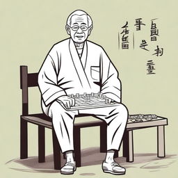 An elderly person with white hair, sitting on a chair due to difficulty in moving, looking eager to go to the park and play Xiangqi (Chinese chess)