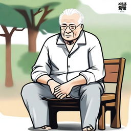 An elderly person with white hair, sitting on a chair due to difficulty in moving, looking eager to go to the park and play Xiangqi (Chinese chess)