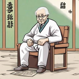 An elderly person with white hair, sitting on a chair due to difficulty in moving, looking eager to go to the park and play Xiangqi (Chinese chess)