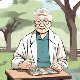 An elderly person with white hair, sitting on a chair due to difficulty in moving, looking eager to go to the park and play Xiangqi (Chinese chess)