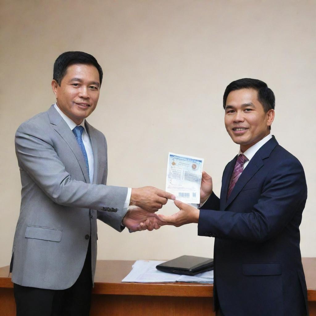 Illustration of a diligent Filipino taxpayer handing over his contribution to a representative of a well-structured and transparent Filipino government.