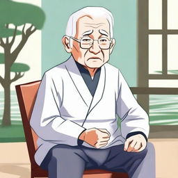 An elderly person with white hair, sitting on a chair due to difficulty in moving, looking eager to go to the park and play Xiangqi (Chinese chess)