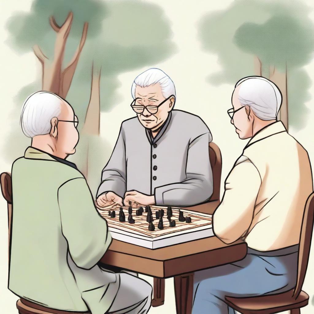 An elderly person with white hair, sitting on a chair due to difficulty in moving, looking eager to go to the park and play Xiangqi (Chinese chess) with other elderly people