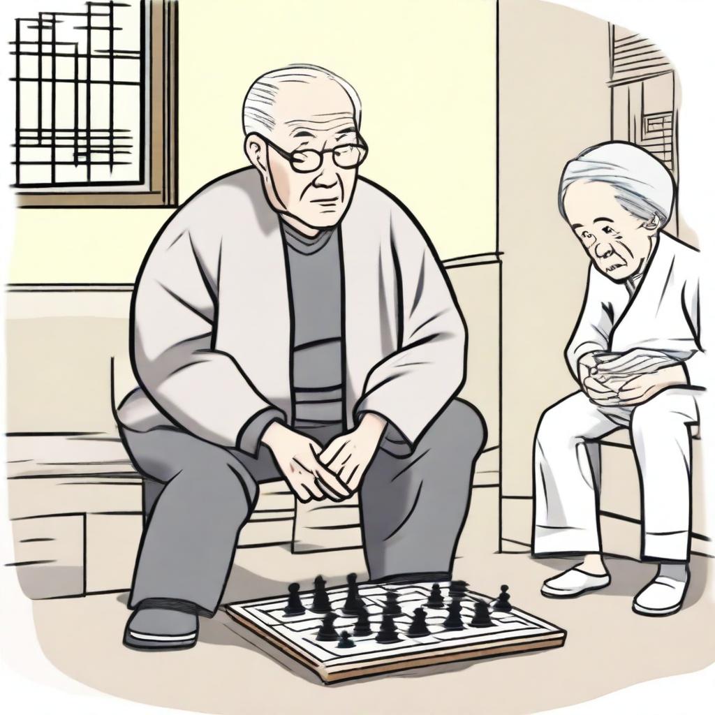 An elderly person with white hair, sitting on a chair due to difficulty in moving, looking eager to go to the park and play Xiangqi (Chinese chess) with other elderly people