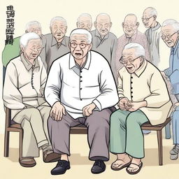 An elderly person with white hair, sitting on a chair due to difficulty in moving, looking eager to go to the park and play Xiangqi (Chinese chess) with other elderly people