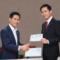 Illustration of a diligent Filipino taxpayer handing over his contribution to a representative of a well-structured and transparent Filipino government.