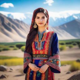 A beautiful Uzbek girl wearing traditional clothing, standing in a picturesque landscape with mountains in the background