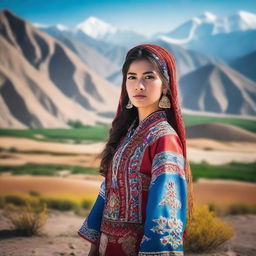 A beautiful Uzbek girl wearing traditional clothing, standing in a picturesque landscape with mountains in the background