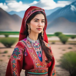 A beautiful Uzbek girl wearing traditional clothing, standing in a picturesque landscape with mountains in the background