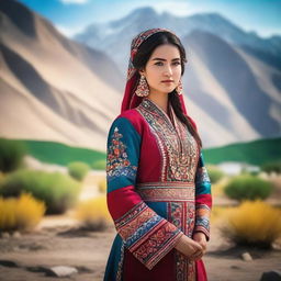 A beautiful Uzbek girl wearing traditional clothing, standing in a picturesque landscape with mountains in the background