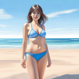 A realistic depiction of a girl wearing a bikini, standing on a sandy beach with the ocean in the background