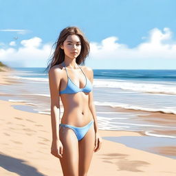 A realistic depiction of a girl wearing a bikini, standing on a sandy beach with the ocean in the background