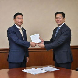 Illustration of a diligent Filipino taxpayer handing over his contribution to a representative of a well-structured and transparent Filipino government.