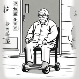 An elderly person with white hair, sitting on a chair due to difficulty in moving, looking eager to go to the park and play Xiangqi (Chinese chess)