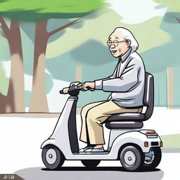 An elderly person with white hair, sitting on a mobility scooter, heading to the park to play Xiangqi (Chinese chess)