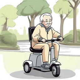 An elderly person with white hair, sitting on a mobility scooter, heading to the park to play Xiangqi (Chinese chess)