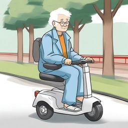 An elderly person with white hair, sitting on a mobility scooter, heading to the park to play Xiangqi (Chinese chess)