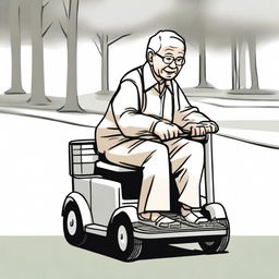 An elderly person with white hair, sitting on a mobility scooter, heading to the park to play Xiangqi (Chinese chess)