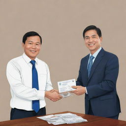 Illustration of a diligent Filipino taxpayer handing over his contribution to a representative of a well-structured and transparent Filipino government.