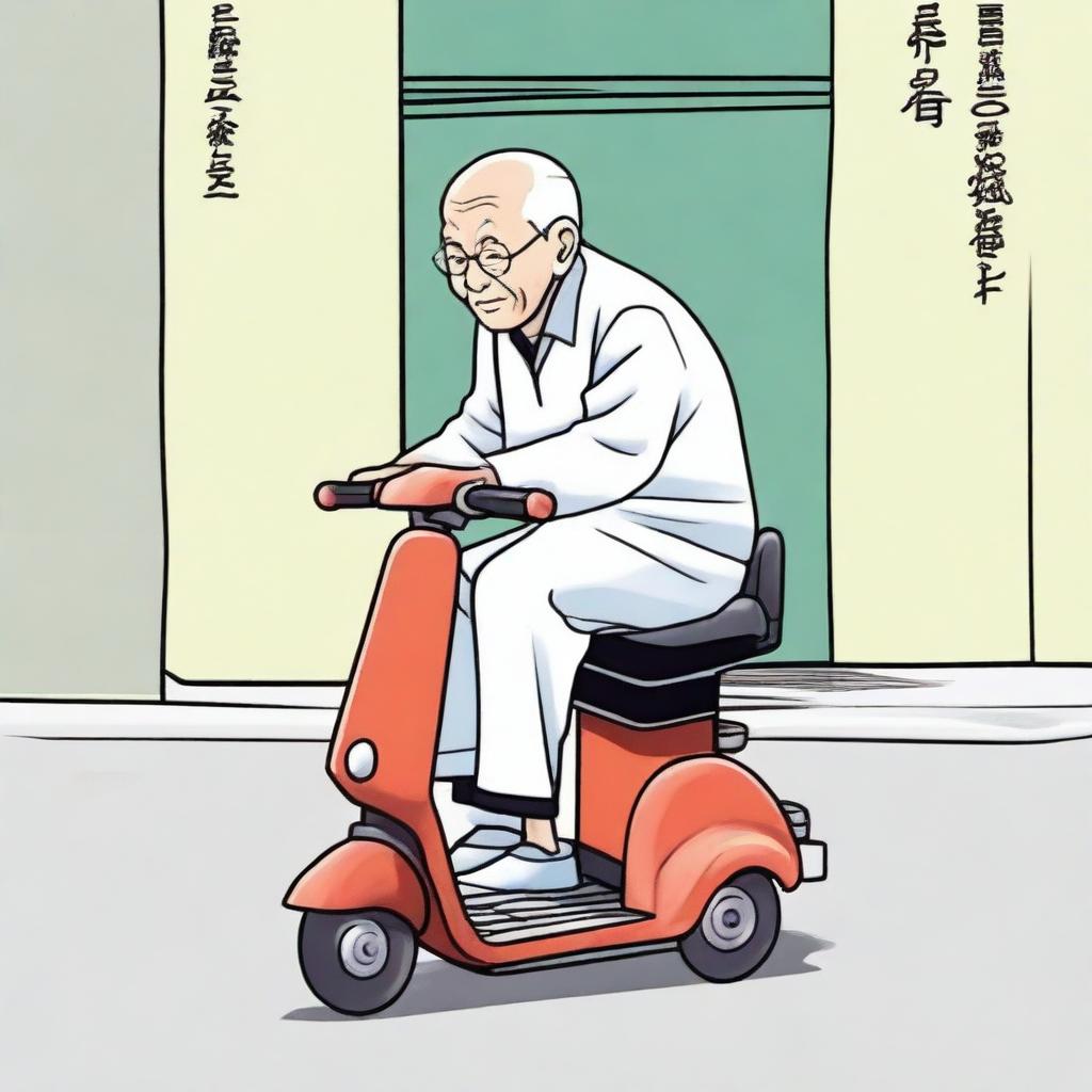 An elderly person with white hair, sitting on a mobility scooter, heading out to play Xiangqi (Chinese chess)