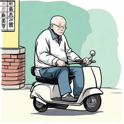 An elderly person with white hair, sitting on a mobility scooter, heading out to play Xiangqi (Chinese chess)