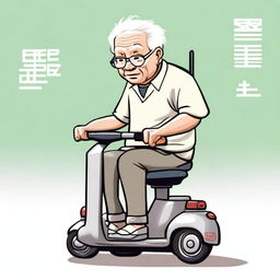 An elderly person with white hair, sitting on a mobility scooter, heading out to play Xiangqi (Chinese chess)