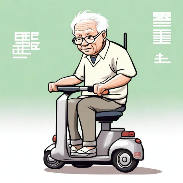 An elderly person with white hair, sitting on a mobility scooter, heading out to play Xiangqi (Chinese chess)