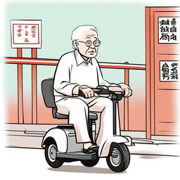 An elderly person with white hair, sitting on a mobility scooter, heading out to play Xiangqi (Chinese chess)