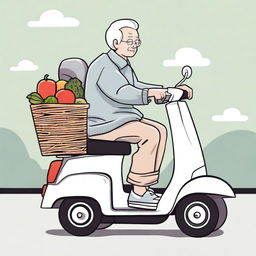 An elderly person with white hair, sitting comfortably on a mobility scooter, heading home after shopping