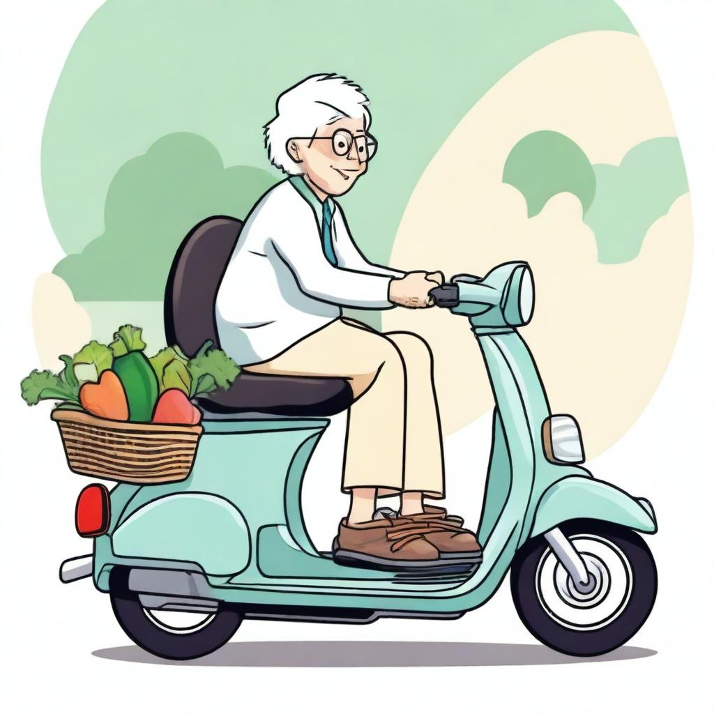 An elderly person with white hair, sitting comfortably on a mobility scooter, heading home after shopping