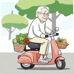 An elderly person with white hair, sitting comfortably on a mobility scooter, heading home after shopping