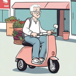 An elderly person with white hair, sitting comfortably on a mobility scooter, heading home after shopping