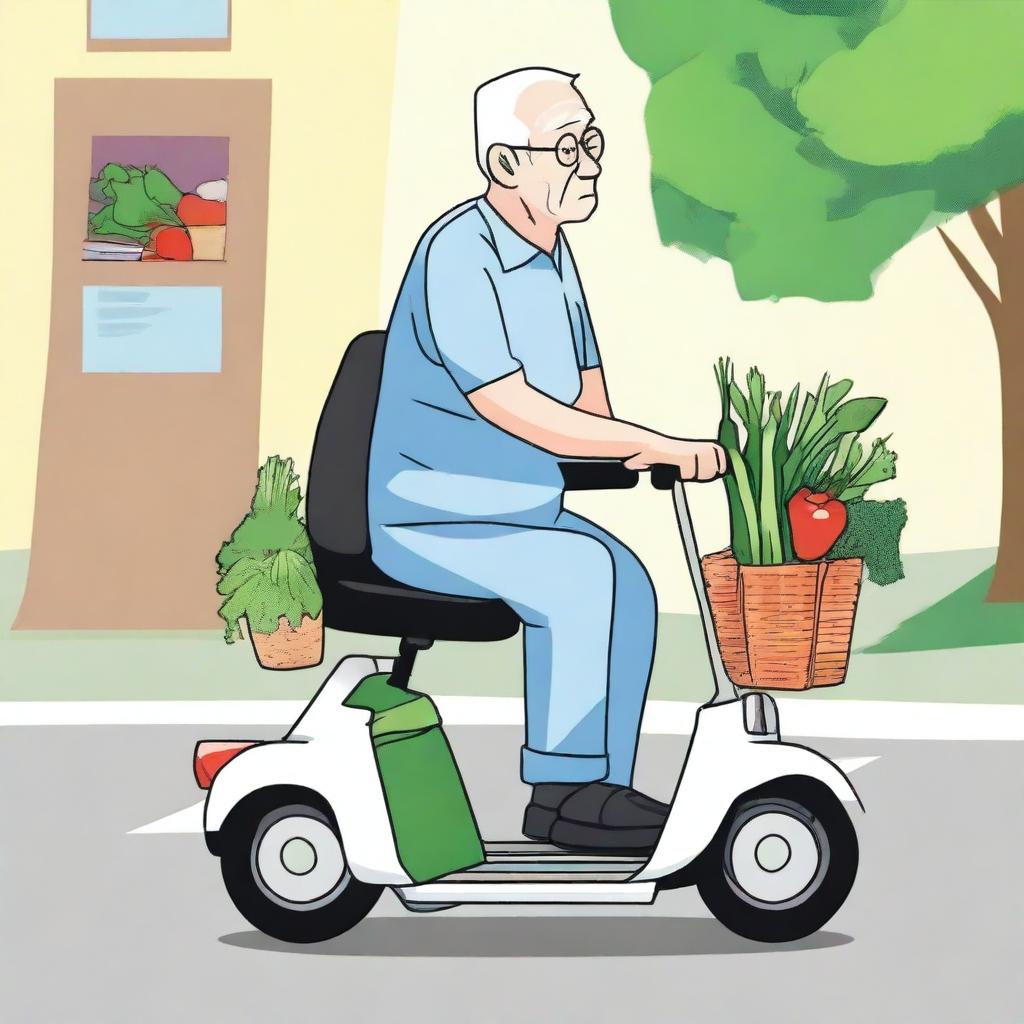 An elderly person with white hair, sitting comfortably on a mobility scooter, heading home after shopping for vegetables