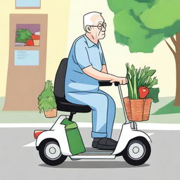 An elderly person with white hair, sitting comfortably on a mobility scooter, heading home after shopping for vegetables