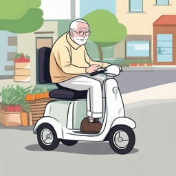 An elderly person with white hair, sitting comfortably on a mobility scooter, heading home after shopping for vegetables