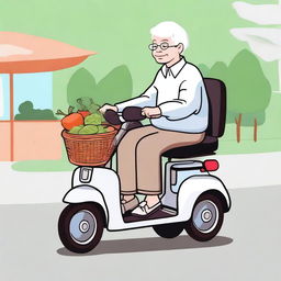 An elderly person with white hair, sitting comfortably on a mobility scooter, heading home after shopping for vegetables