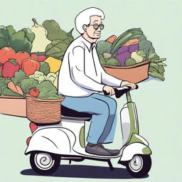 An elderly person with white hair, sitting comfortably on a mobility scooter, heading home after shopping for vegetables