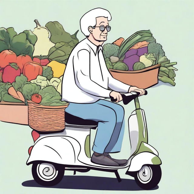 An elderly person with white hair, sitting comfortably on a mobility scooter, heading home after shopping for vegetables