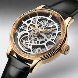 Create a detailed and elegant design for a skeleton watch, showcasing the intricate inner workings and mechanical parts