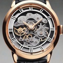 Create a detailed and elegant design for a skeleton watch, showcasing the intricate inner workings and mechanical parts